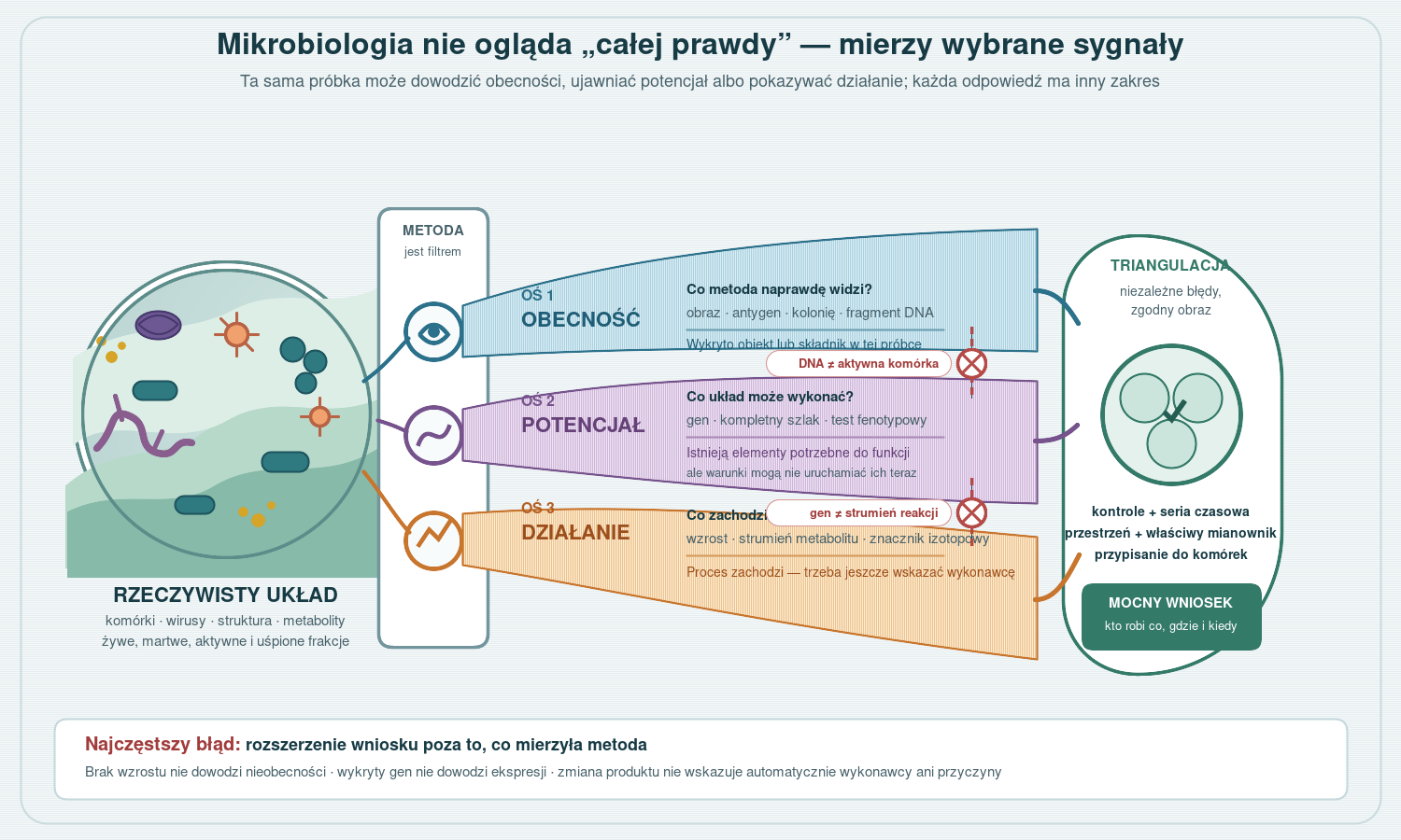 Od złożonej próbki do uzasadnionego wniosku mikrobiologicznego. Obecność obiektu lub jego składnika, potencjał zapisany w genomie i faktycznie zachodzący proces są odrębnymi osiami dowodu. Dopiero zgodność niezależnych metod, kontroli, serii czasowej i informacji przestrzennej pozwala wiarygodnie określić, kto wykonuje daną funkcję, gdzie i kiedy.